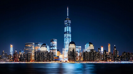 Obraz premium a single illuminated skyscraper standing out in darkened city skyline