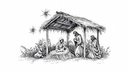 Fototapeta premium Pencil drawing of the Nativity with baby Jesus in a manger surrounded by Mary, Joseph, and angels on a clean white background