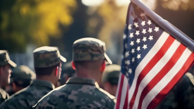 United states flag waving in front of soldiers standing at attention, possibly during a veterans day, memorial day, or independence day celebration