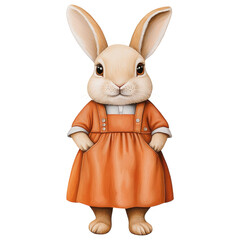 Obraz premium A charming cartoon rabbit wearing an orange dress, standing proudly with hands on hips, cut out isolated transparent PNG
