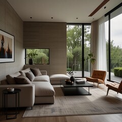 Fototapeta premium Bright Spaces: Minimalist Living Room with Large Windows