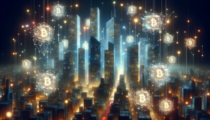 Abstract Cityscape Highlighting Blockchain's Role in Secure Transactions with Glowing Blocks and Nodes Representing Data Security in Banking and Logistics