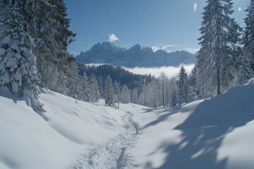Snowy path leading into magical winter wonderland with majestic mountains