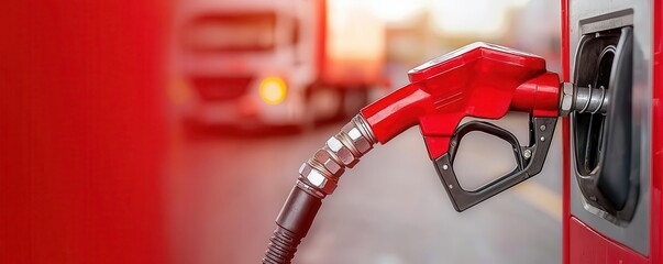 A red fuel nozzle is shown at a gas pump, with trucks in the background, depicting a fueling station environment.