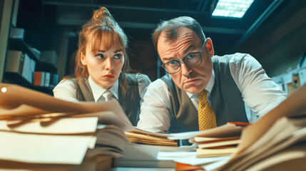 An angry boss confronts his worried employee surrounded by a mountain of paperwork in their bustling office during a stressful workday