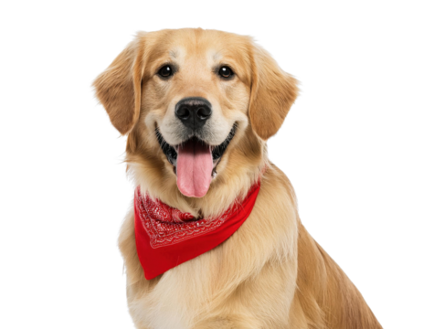 A cheerful golden retriever wearing a red bandana, posing happily with a friendly expression. Ideal for pet-related content and advertisements cut out isolated transparent PNG