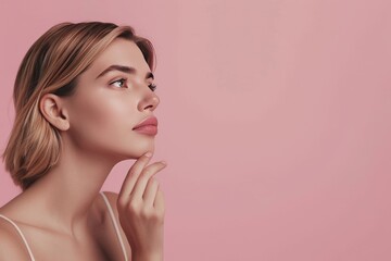 Naklejka premium A profile shot of a woman thoughtfully touching her chin, embodying the concept of cosmetology