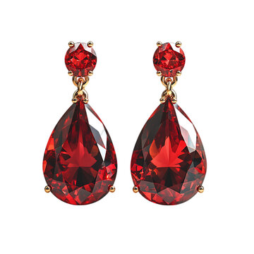 A pair of red teardrop-shaped earrings with a smaller ruby on top, set in gold.
