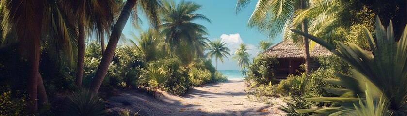 Obraz premium A Tropical Path Leading to a Beach and a Hut