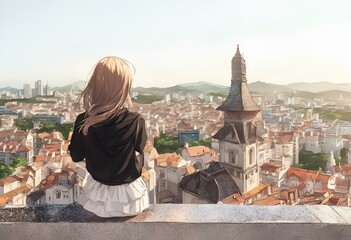 a woman in a black top is sitting on a ledge overlooking the city