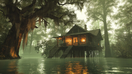 Fototapeta premium Mystical Swamp Cabin on Stilts with Warm Lights in Foggy Forest