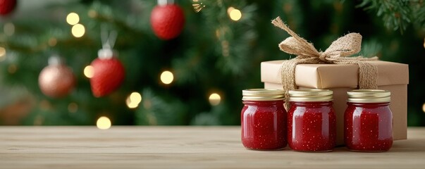 Christmas gifts with homemade jam jars and a beautifully wrapped present.