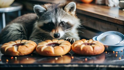 Curious raccoon eyeing freshly baked pastries on wooden tabletop for bakery promotion