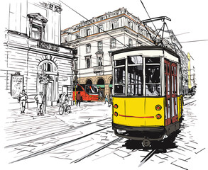 Street view with famous old Lisbon Portugal Tram, Portugal  vector illustration (Ideal for printing on fabric or paper, poster or wallpaper, house decoration)
