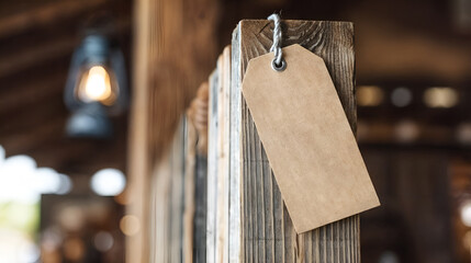 Tag hanging on a wooden board. Wooden planks behind. Interior lighting. Wooden texture.