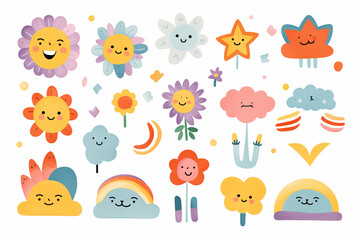 Obraz premium A playful sticker pack of clouds with rainbows, smiling suns, hearts, crowns, and arrows, each with a fun, hand-drawn quality