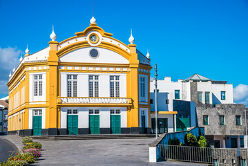 Fototapeta premium A view across the main square in Ribeira Grande of the island of San Miguel in the Azores in summertime