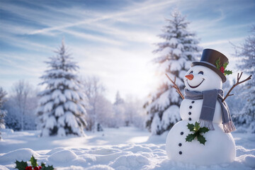 Obraz premium A cheerful snowman wearing a top hat, scarf, and decorated with holly stands in a snowy forest landscape with snow-covered trees, evoking the joy of winter holidays and festive cheer.