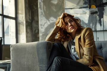 Obraz premium photo depicting an overburdened businesswoman seated on a sofa in an office, holding
