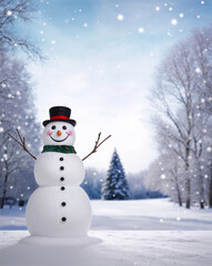 Fototapeta premium A happy snowman with a black top hat, carrot nose, and button eyes stands in a serene snowy landscape, surrounded by snow-covered trees and a falling snowfall, evoking a festive winter atmosphere.