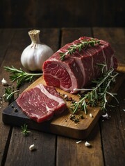 Raw Beef Steak with Rosemary and Garlic - Ready for Cooking