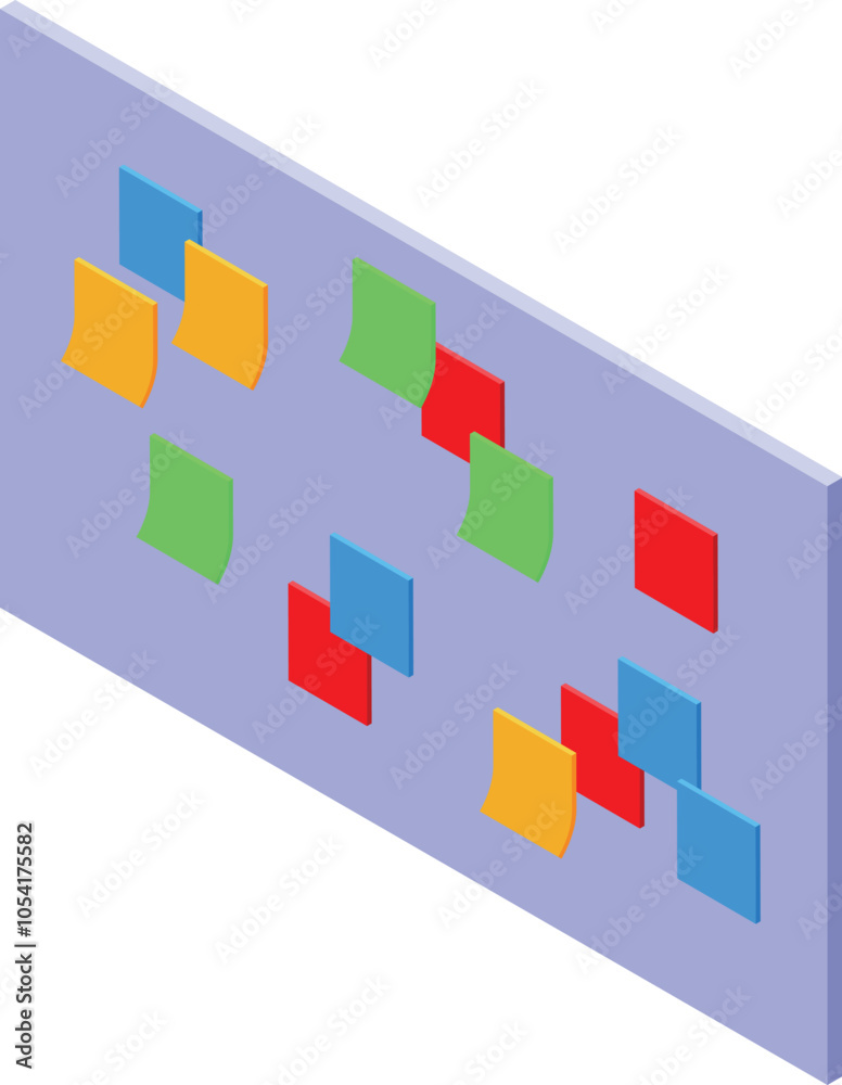 Poster colorful sticky notes attached to scrum board representing tasks and progress in agile project manag