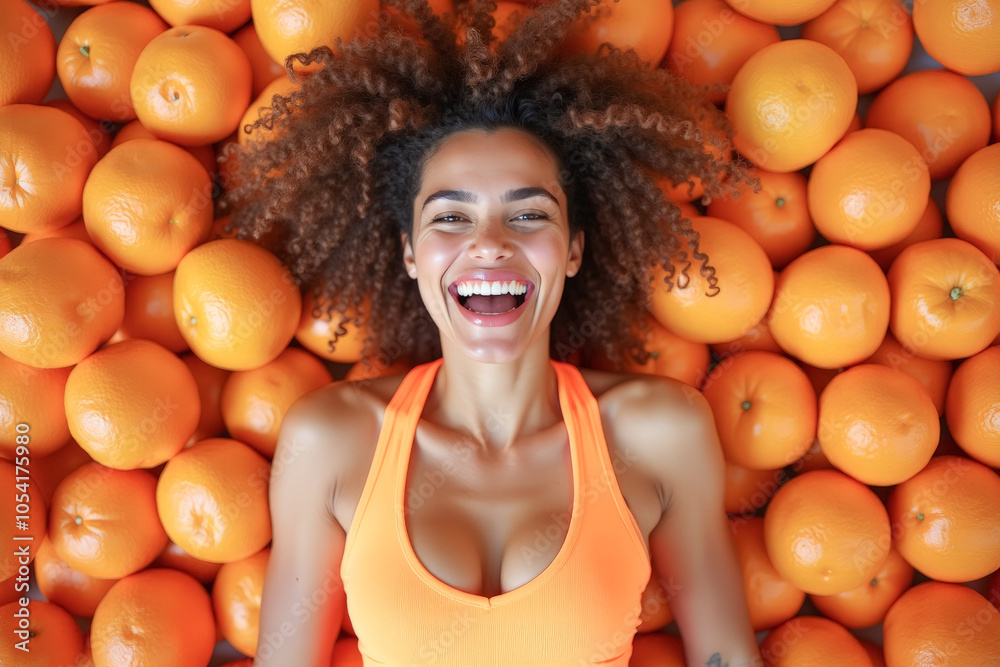 Wall mural a happy athletic woman lies on a pile of oranges with her hands out to the sides