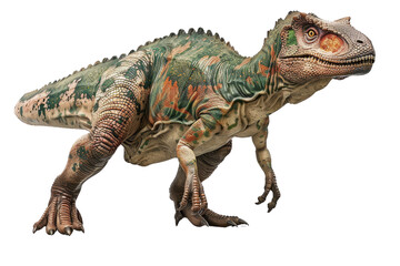 Fototapeta premium A detailed, realistic dinosaur model showcasing vibrant colors and intricate textures, isolated on a white background for clear visibility.
