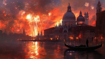 Fototapeta premium Fireworks Display Over Venice at Night