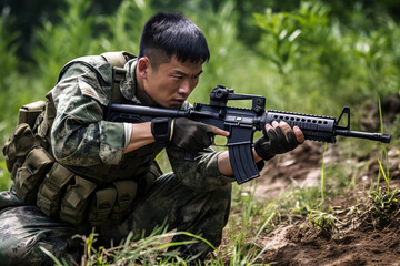 Fototapeta premium Chinese soldier in tactical gear aiming a rifle during a training exercise in a forested area, demonstrating focus and precision in a military drill