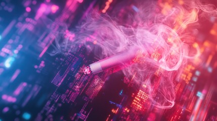 A lit cigarette smolders on a circuit board, surrounded by smoke, representing the dangers of technology addiction.