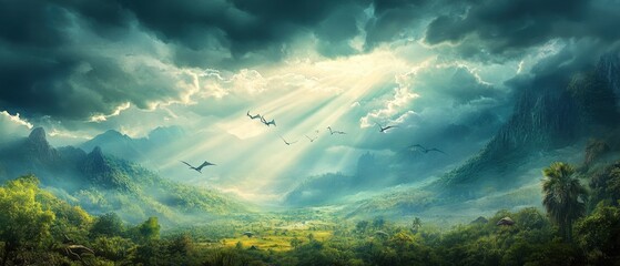 Naklejka premium Sunlight breaking through stormy clouds over a Jurassic jungle with dinosaurs below