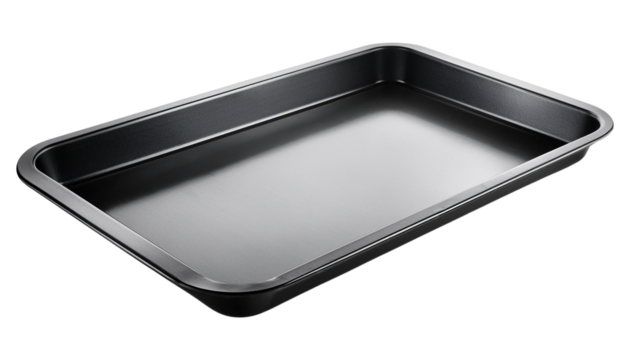 A sleek, black baking tray isolated on a white background, perfect for oven use and versatile for baking, roasting, and cooking various dishes.