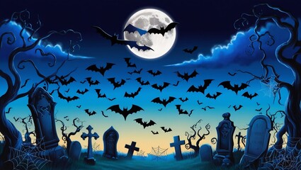 A picture of bats with blue sky and moon with halloween vibes