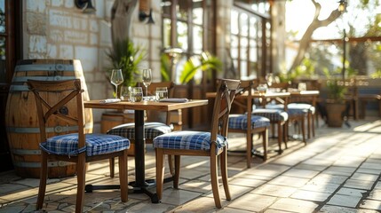 Obraz premium Empty tables and chairs on a patio outside a restaurant with a wooden barrel and potted plants.