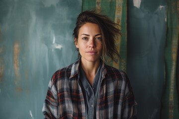 Fototapeta premium Portrait of a merry woman in her 30s wearing a comfy flannel shirt on scandinavian-style interior background