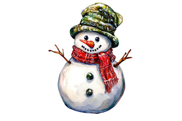 A cheerful snowman wearing a colorful hat and red scarf, set against a transparent background, exuding a festive winter spirit.