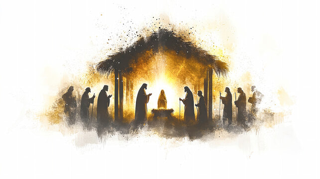 An abstract watercolor portrayal of the nativity with Mary, Joseph, and shepherds gathered around baby Jesus in a rustic setting