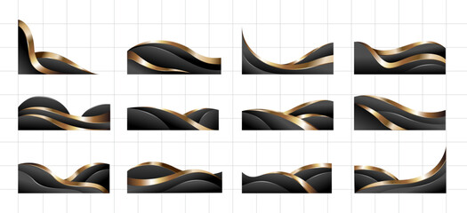 Black Gold Wave Abstract Shape Border and Corner Frame Vector Set Collection. Decorative Elements Corners, Borders, and Frames. Elegant Shape for Banners, Certificates, Invitations, and Covers Design