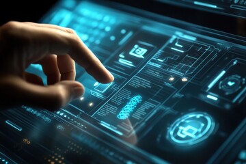 Scientist using futuristic touchscreen interface with dna analysis and data