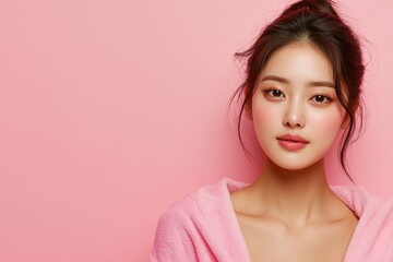 Fototapeta premium Beautiful Korean Woman in Soft Pink Background