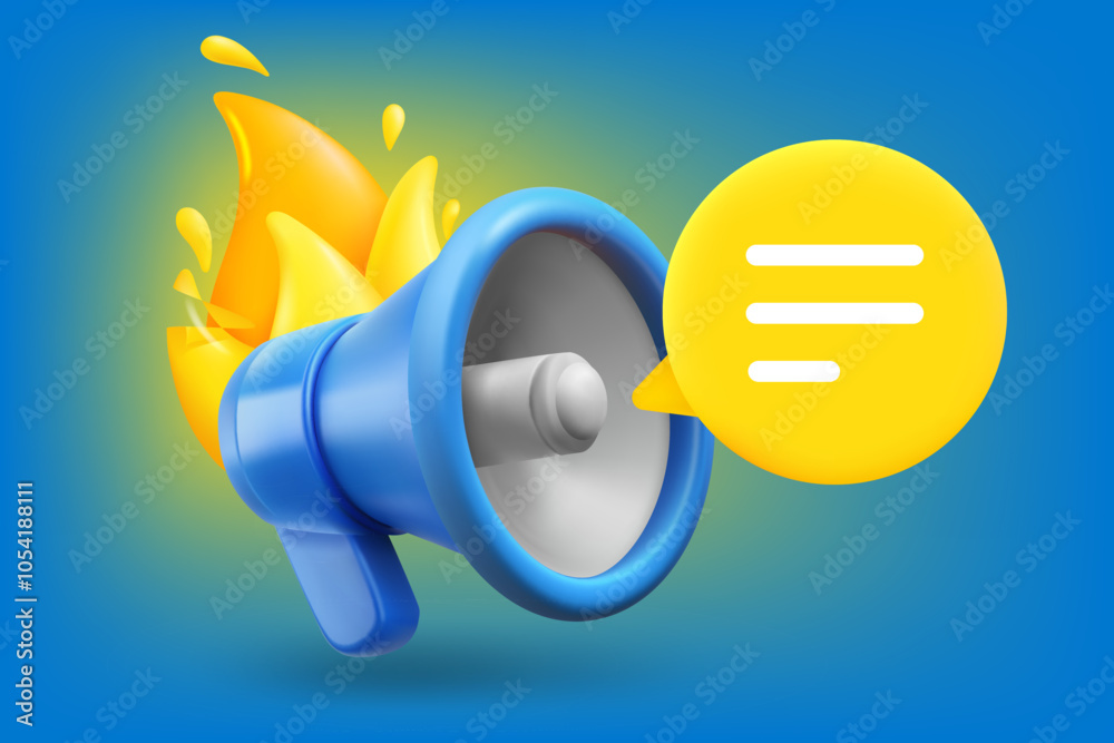 Poster flaming loudspeaker with speech bubble. breaking news concept. 3d vector illustration
