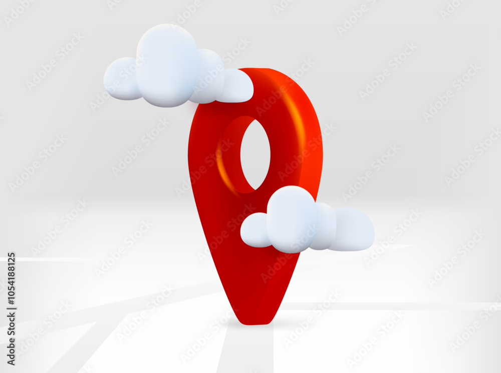 Poster red map pin with road map and clouds. 3d vector isolated illustration