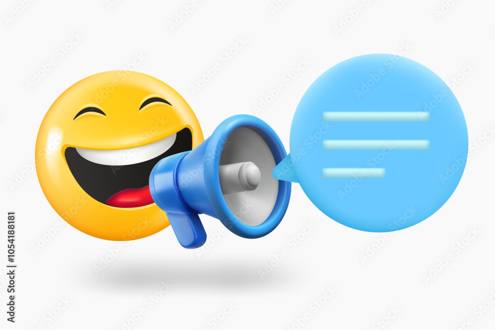 Poster emoji with loudspeaker and speech cloud. 3d vector illustration