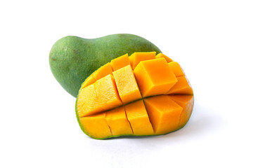 green mango fruit and yellow mango fruit pieces on a white background