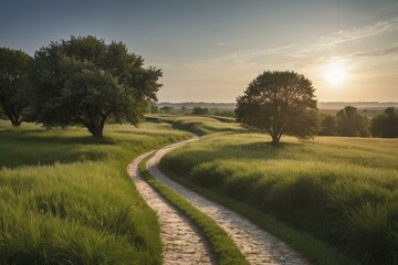 Obraz premium Winding Road Through a Lush Green Meadow at Sunset