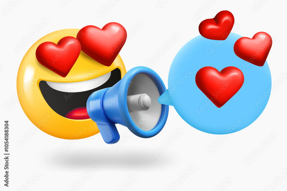 Poster emoji fall in love with loudspeaker and speech cloud. 3d vector illustration