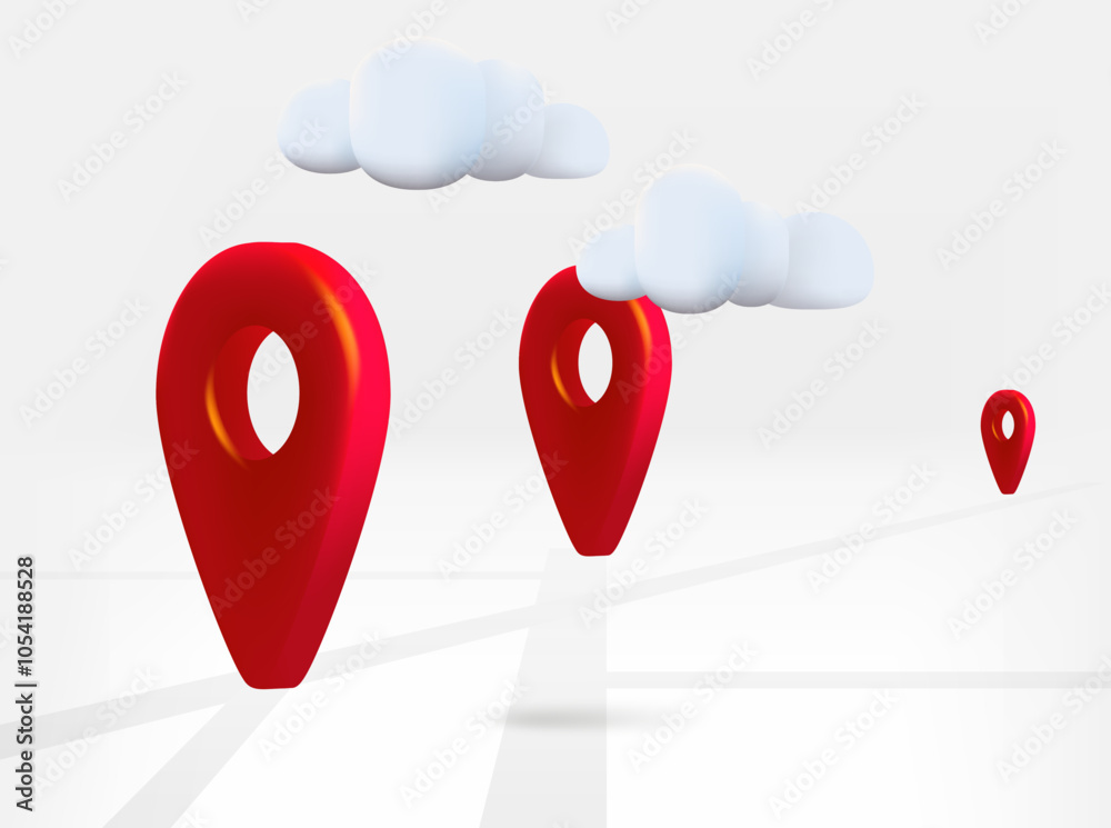 Aufkleber red map pins with road map and clouds. 3d vector isolated illustration