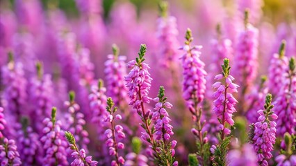 Obraz premium Violet heather flowers field with small pink lilac petal plants in soft background, shallow depth of field, high angle view
