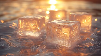 Close-up of ice cubes floating on water with the sun setting in the background.